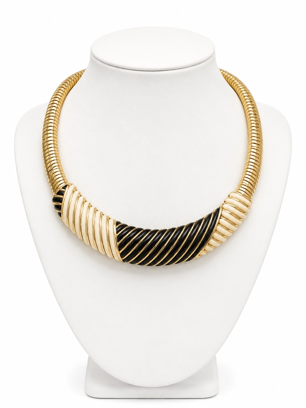 Vintage Gold‎ Tone Ribbed Collar Necklace with Black & Cream Enamel